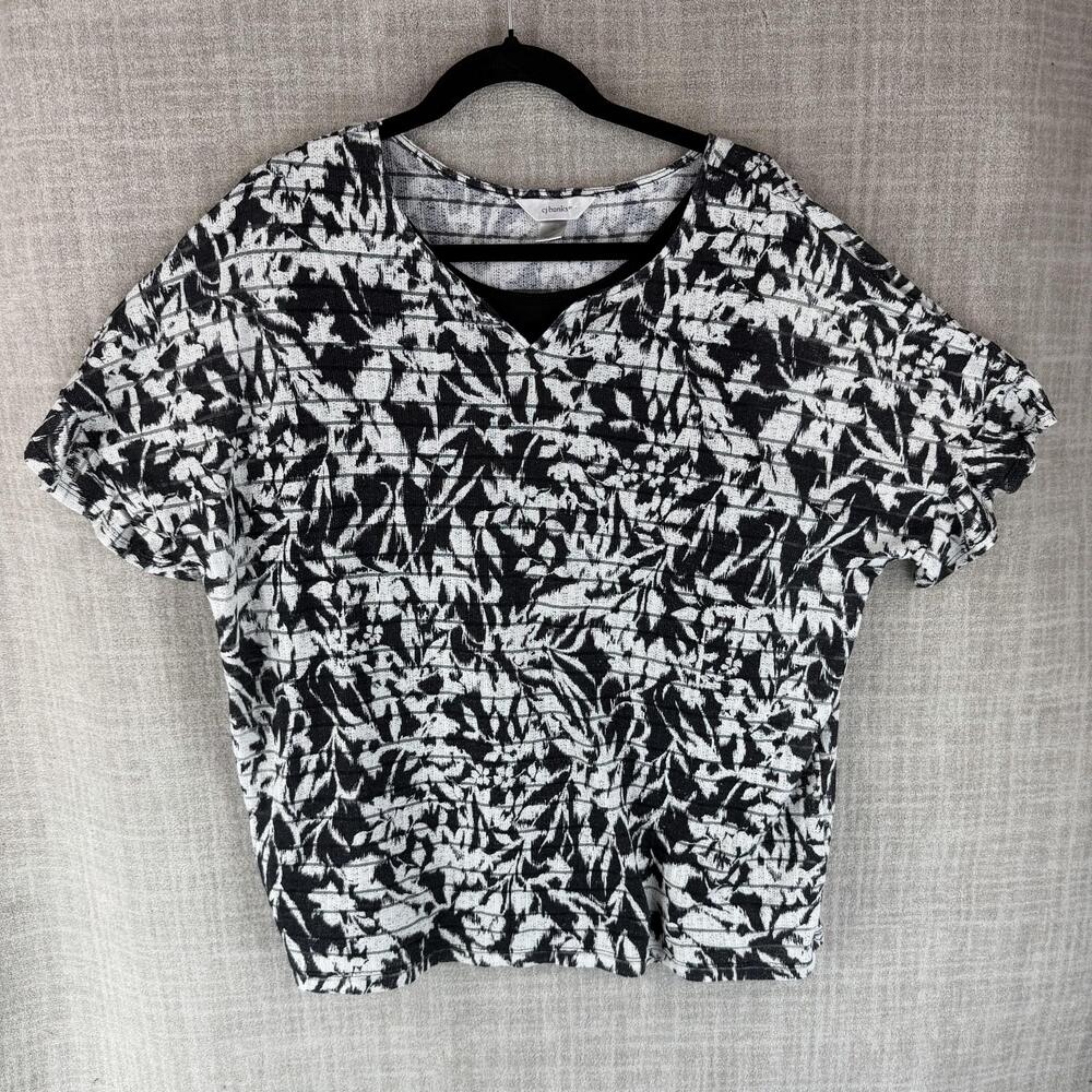 CJ Banks Blouse Womens 1X Black V-Neck Short Sleeve Floral Elastic Waist